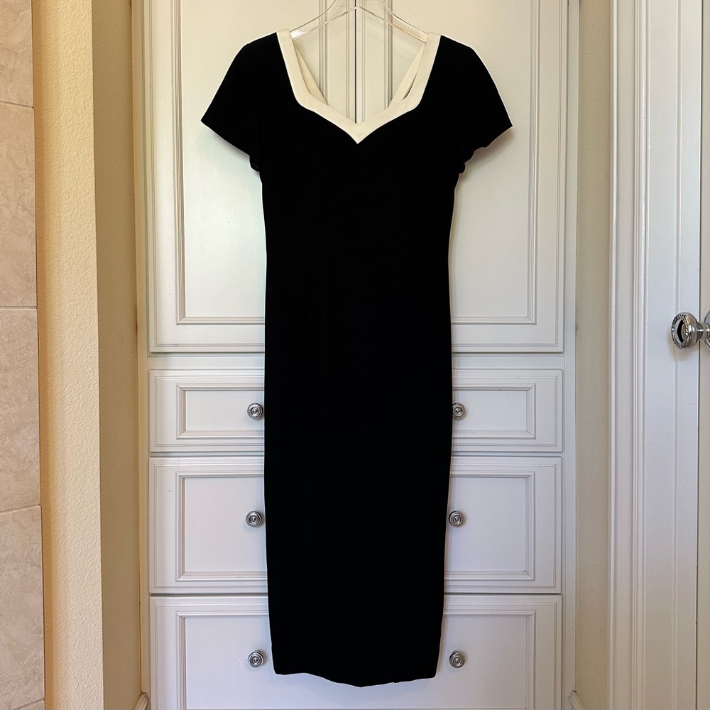 LIZ CLAIBORNE Women's Petite Black Dress Midi Length Cream Crossover Straps 8P